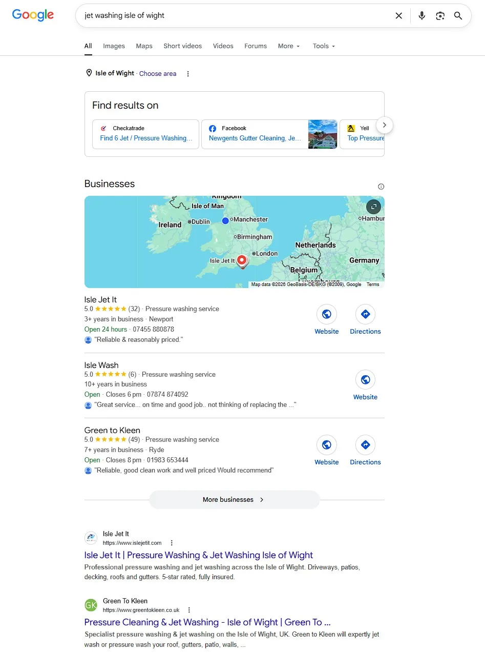 Google results showing Isle Jet It ranked first for jet washing Isle of Wight